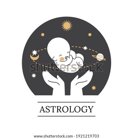 Astrology logo.The silhouette of a baby on the background of the starry sky. Vector illustration.