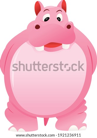 A cartoon vector illustration of a cute pink hippo standing with hand behind its back.