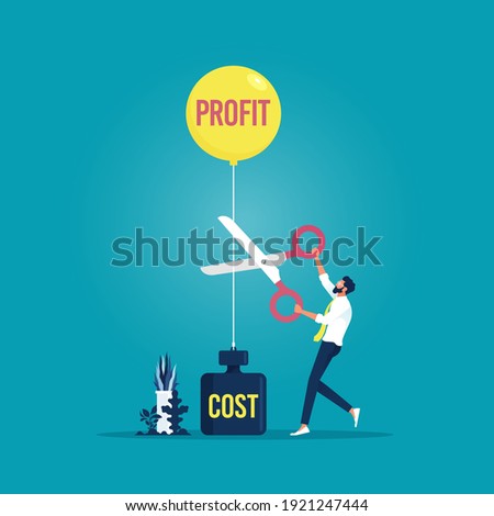 Businessman cutting Profits balloon and costs weight with scissors. Business financial concept vector