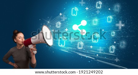 Young person yellin in loudspeaker with network icon, social networking concept