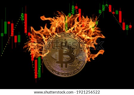 burning bitcoin with a candlestick chart and black background Royalty-Free Stock Photo #1921256522