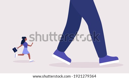 Leader, advantage, rivalry concept. Сoncept of young woman running after big leader. Colorful flat vector illustration