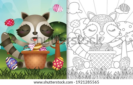 coloring book for kids themed happy easter day with character illustration of a cute raccoon in the bucket egg
