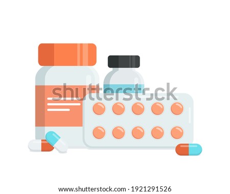 Medicine bottle with pills, capsules,  blister with pills, bottle with liquid. Flat vector illustration  Royalty-Free Stock Photo #1921291526