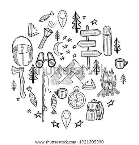 Camping circle doodle composition illustration. Set of doodle forest camping design elements. Hand drawn vector illustration, isolated. Set of tourism equipment, engraved  in sketch.