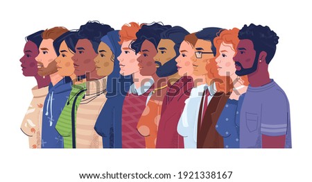 Diverse people, multiracial, multicultural crowd of men and women, side view portraits. Vector multi-ethnic group, concept of equality and togetherness. Wellness, independence and freedom, stop racism