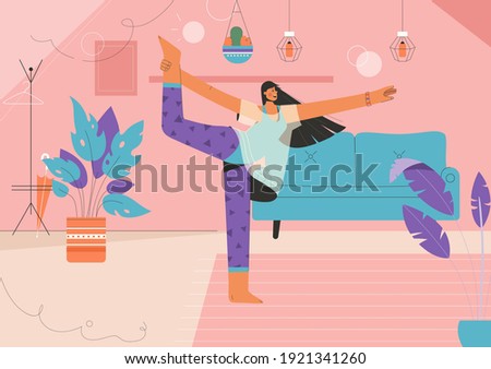 Happy woman doing yoga asana at home. Young girl practicing balance pose at living room. Healthy lifestyle, meditation, relax, recreation. Cozy interior in apartment. Vector character illustration