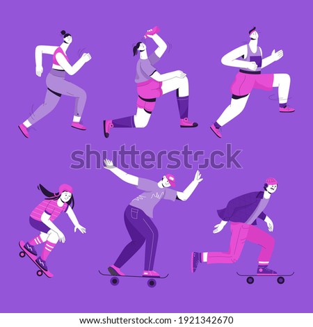 Different sport people set isolated persons. Men and women running marathon, jogging, skateboarding. Professional players or active hobby. Competitions and training. Vector character illustration