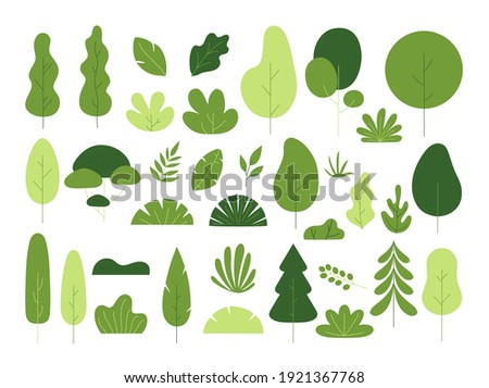 Flat minimal tree and leaves. Vector set with garden plants, branches, bushes and leaves in simple flat style. Cartoon floral collection for banner, poster, cover design, web. Trendy spring leaves Royalty-Free Stock Photo #1921367768