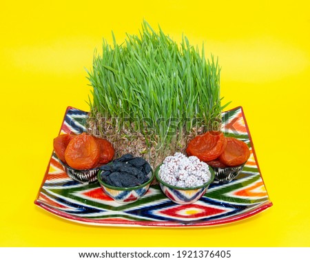 Happy background of the Navruz holiday. Celebration of Nowruz sweets and various dried fruits with green grass