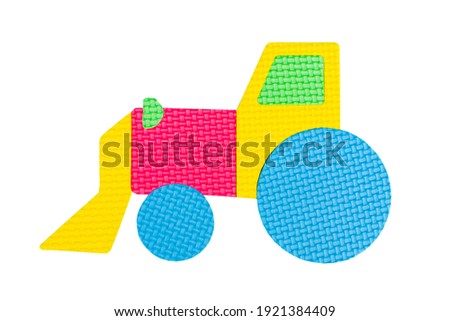 Image of colored tractor, toy on the white background