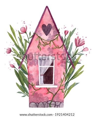 Pink house with single window and flowers on the background. Cute watercolor illustration clip art. Illustration for post card, souvenirs and wall art