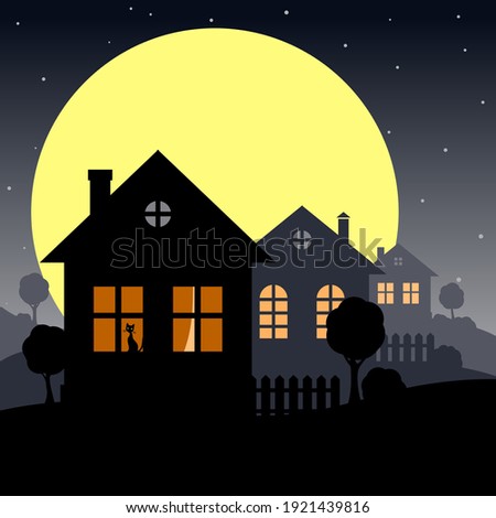 Stylized night landscape with a village house and trees. Vector illustration.