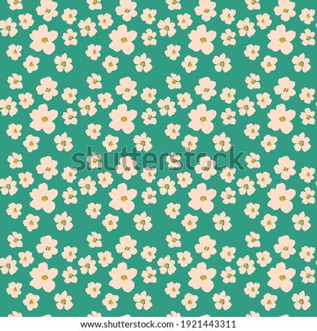 Flowers texture cute. vector print pattern. Green background. Royalty-Free Stock Photo #1921443311