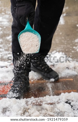 rock salt ice melt is being spread on your walkway to melt the ice and snow from your path Royalty-Free Stock Photo #1921479359
