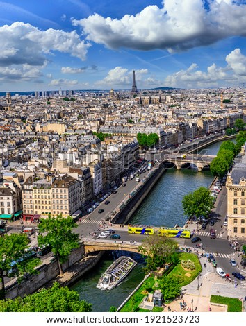 Skyline of Paris with Eiffel Tower and Seine river in Paris, France. Architecture and landmarks of Paris. Postcard of Paris