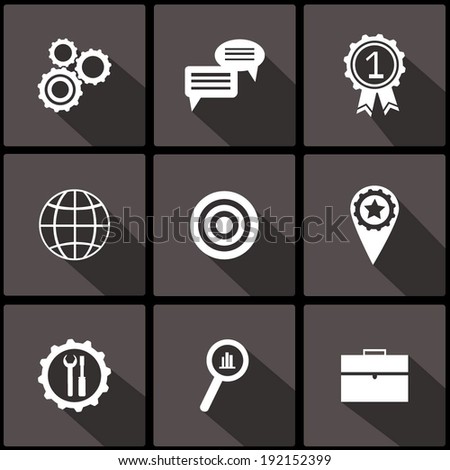 Set of SEO and development icons. Flat style. Vector illustration on dark background. 