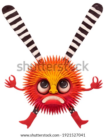 red angry monster calms down through yoga, on a white background from plasticine