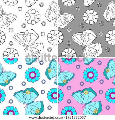 Vector seamless pattern set butterflies has four options. There is gray, blue and purple