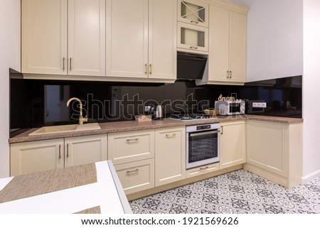 Interior photography, beige kitchen, modern style, real apartment