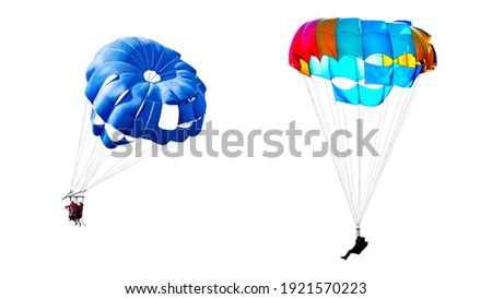 Two different images of parachutists on multicolored parachutes isolated on white background Royalty-Free Stock Photo #1921570223