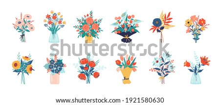 Flower bouquet. Bunch of plants in vase and glass bottle collection, cartoon blooming peony and colorful meadow greenery, decorative foliage. Vector isolated garden flowers botanical decoration set