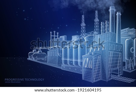 Vector concept illustration of a factory on a dark blue background, a symbol of industry, engineering, and manufacturing. Royalty-Free Stock Photo #1921604195
