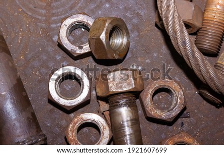 old rusty bolt and nut on steel background, steel and bolt, steel background, hd rusty background