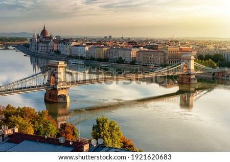 Chain bridge at sunrise, Budapest Hungary Royalty-Free Stock Photo #1921620683