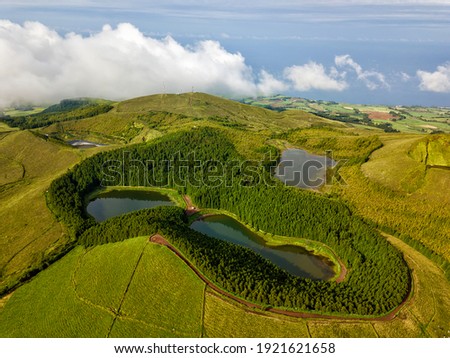 Azores, the safest European holiday destinations for post-pandemic travel. Drone aerial view of volcanic landscape. Sao Miguel island with amazing lagoons from above