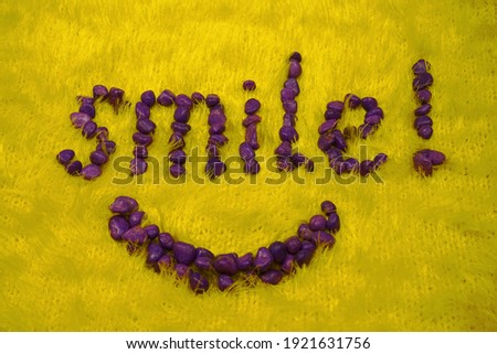   The inscription-smile!- made of decorative purple stones-close-up on a decorative yellow background.                             