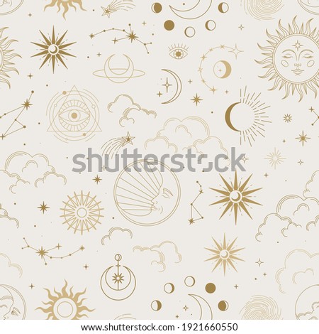 Vector magic seamless pattern with constellations, sun, moon, magic eyes, clouds and stars. Mystical esoteric background for design of fabric, packaging, astrology, phone case, wrapping paper. Royalty-Free Stock Photo #1921660550