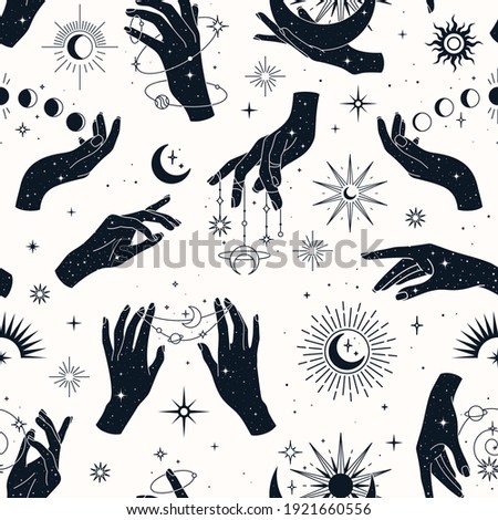 Vector seamless pattern with couple and single hands, planets, constellations,  sun, moons and stars. Trendy background for design of fabric, packaging, phone case, astrology, wrapping paper.  Royalty-Free Stock Photo #1921660556