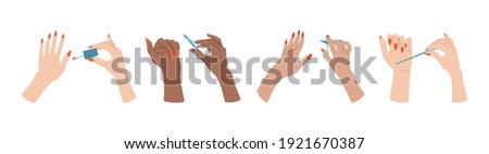 Multiracial trendy manicured hand set. Female hands nail design, varnish, file and scissors. Flat spa manicure accessories, equipment tools. Different nations Spa beauty concept vector illustration