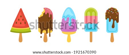 Ice Cream on stick cartoon set. Watermelon, chocolate ice cream lolly melts and drips. Kawaii bright cute summer collection sweet food. Isolated cute dessert vector illustration