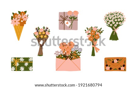 Floral Happy women's day March 8 spring holiday ice cone, Bouquet, Bunch of daisy, Wild garden blooming flowers, envelope, wedding gift, plants stems and leaves cute cards posters element illustration Royalty-Free Stock Photo #1921680794