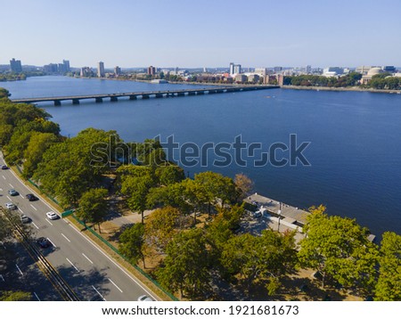 Boston Harvard Bridge on Charles River aerial view that connects city of Cambridge and Boston, Massachusetts MA, USA.