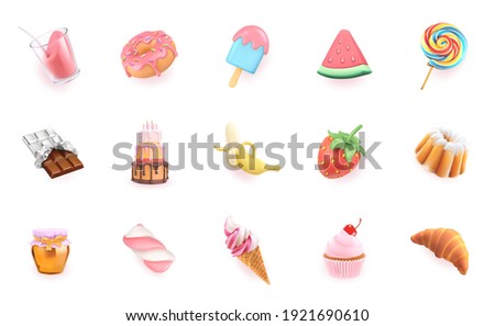 Sweet icons set. 3d realistic vector objects. Cocktail, dessert, cupcake, cake, strawberry, watermelon, banana, chocolate, ice cream, honey, croissant, donut, candy Royalty-Free Stock Photo #1921690610