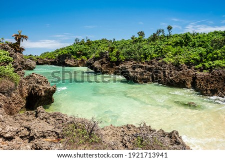 Stunning top view of an emerald green sea between coastal rocks full of green vegetation, blue sky. Iriomote Island, natural world heritage. Royalty-Free Stock Photo #1921713941