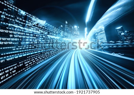Digital data flow on road with motion blur to create vision of fast speed transfer . Concept of future digital transformation , disruptive innovation and agile business methodology . Royalty-Free Stock Photo #1921737905