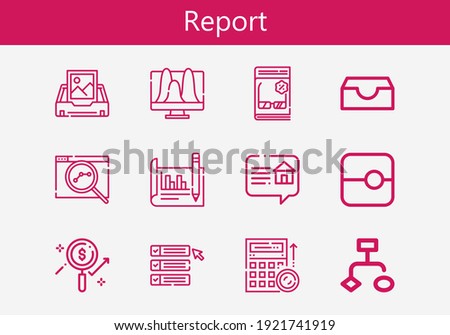Premium set of report line icons. Simple report icon pack. Stroke vector illustration on a white background. Modern outline style icons collection of Slide, Budget, List, Review, Seo, Flowchart