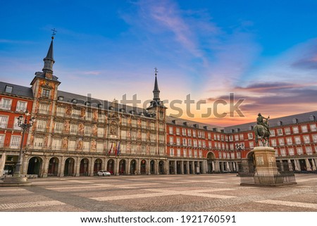 Madrid Spain, sunrise city skyline at Plaza Mayor Royalty-Free Stock Photo #1921760591