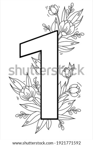 Flower number digit one. Decorative pattern 1 with flowers, tulips, buds and leaves. Vector illustration isolated on white background. Line, outline