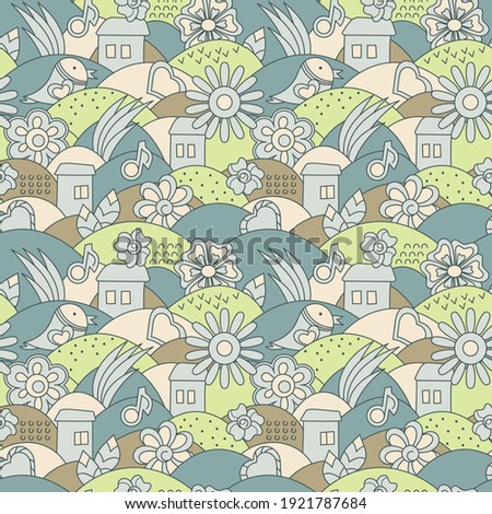 Seamless pattern. Vector Urban landscape. Cartoon hand drawn townhouses and flowers. Fabulous flower City.
