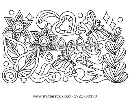 Coloring book for adults and children. Spring or summer border, butterfly, bird, plants and decorative elements, art therapy. Hand drawn vector illustration,