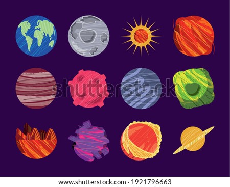 space planet comet moon sun earth saturn icon set vector illustration