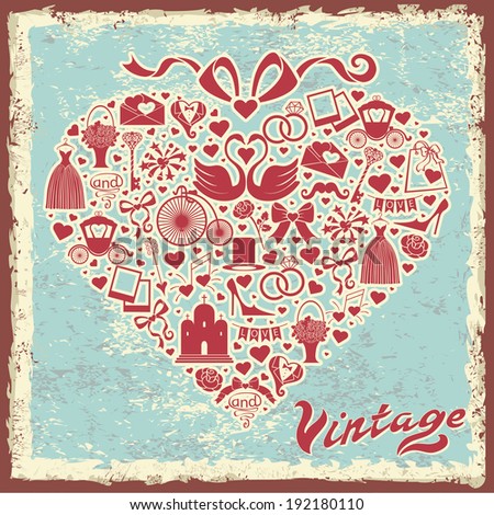 Vector Design wedding item composition in the shape of a heart with a bow on top.Shabby vintage background. Vector illustration,greeting card,invitation