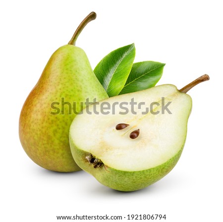 Pears isolated. One and a half green pear fruit with leaf on white background. With clipping path. Full depth of field.  Royalty-Free Stock Photo #1921806794