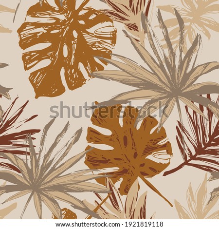 Hand drawn grunge textured tropical leaves seamless pattern. Tropical leaf silhouette elements background. Palm, fan palm, monstera, banana leaf in grunge modern style. Line art. Vector illustration Royalty-Free Stock Photo #1921819118