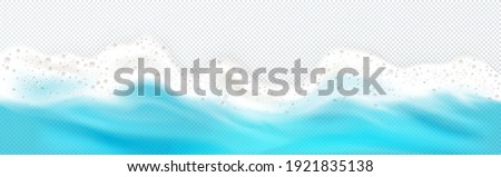 Top view of sea wave foam splashing down border. Blue ocean foamy water splash isolated on transparent background. Natural nautical frame, spume froth design element, realistic 3d vector illustration Royalty-Free Stock Photo #1921835138